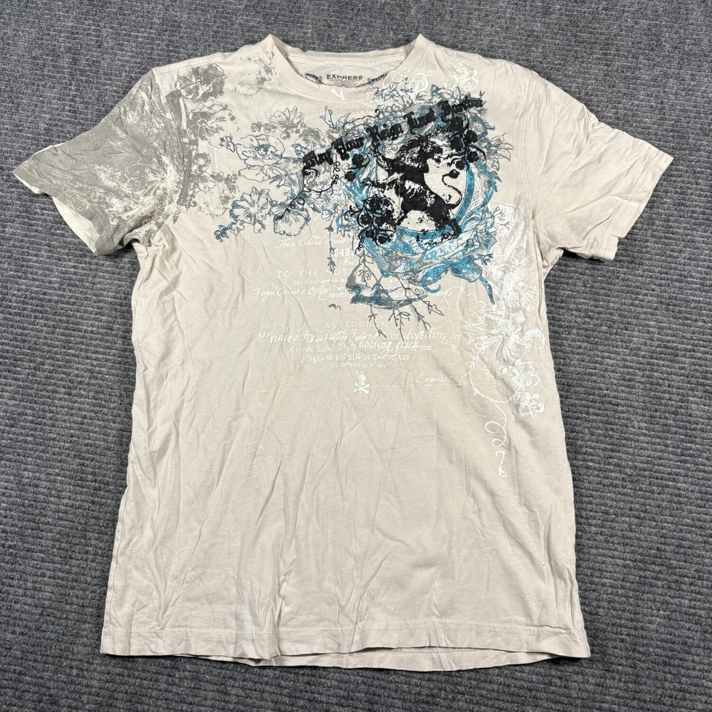 Express Graphic T-Shirt Mens Medium Beige Excellent Y2K Lion Crest Floral Tee